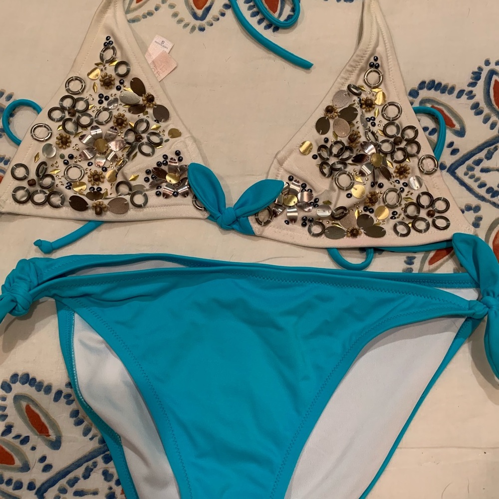 Victoria Secret White, Turq., Gold Beading Bikini